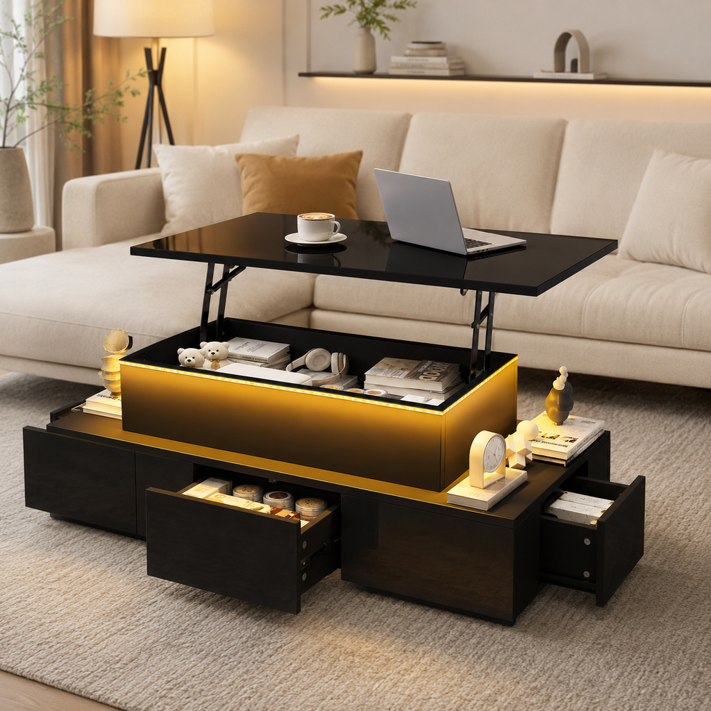 100x50x40cm Liftable Coffee Table With 4 Drawers, High-gloss Side Table With LED Lighting, Sofa Table, Coffee Table, Living Room Table With Hidden Storage, Black, MDF