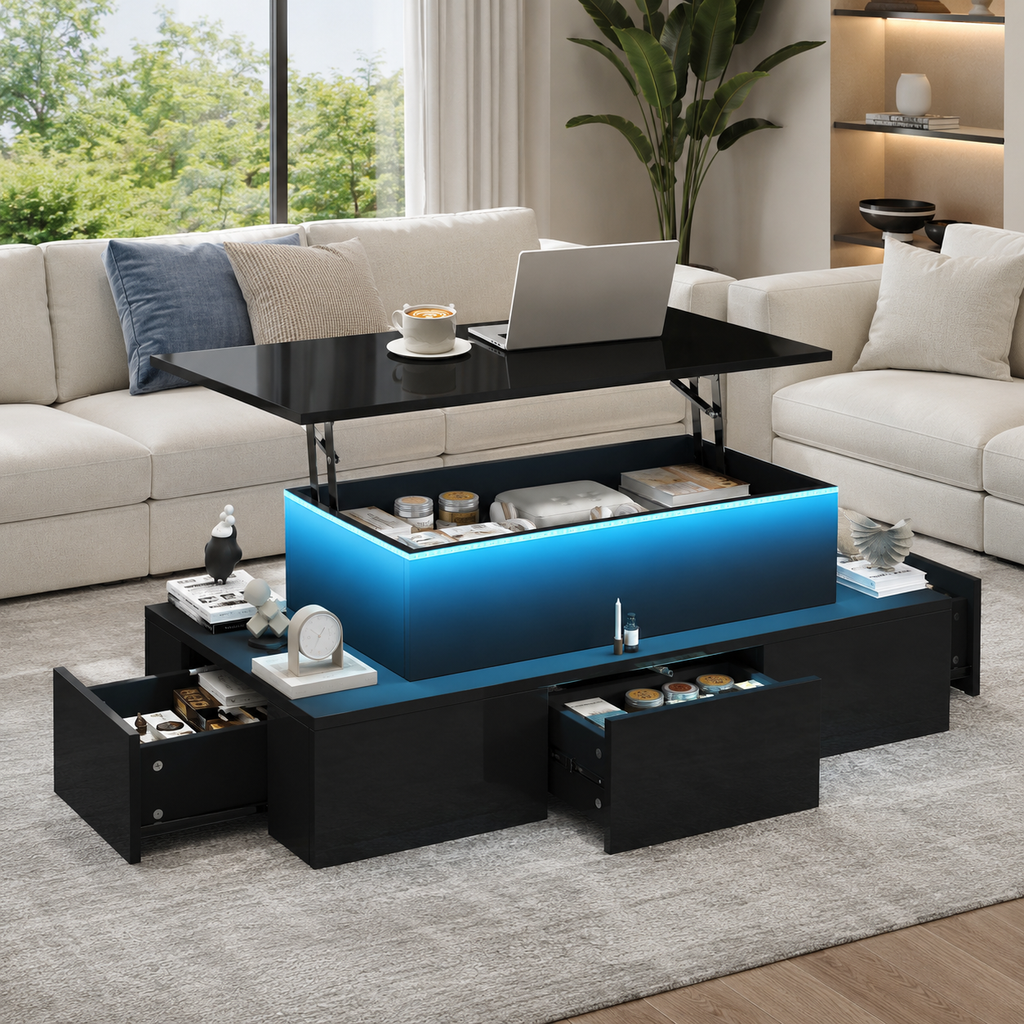 100x50x40cm Liftable Coffee Table With 4 Drawers, High-gloss Side Table With LED Lighting, Sofa Table, Coffee Table, Living Room Table With Hidden Storage, Black, MDF