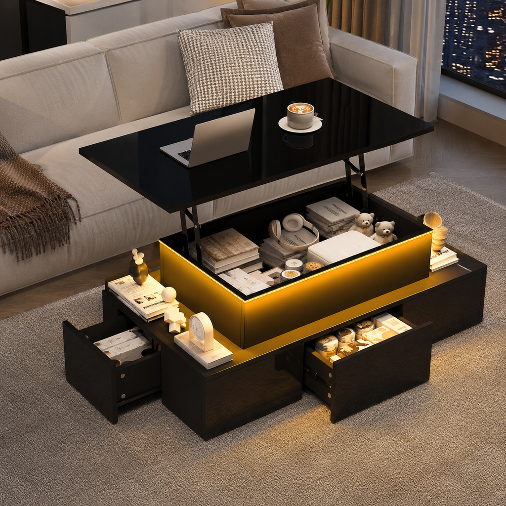 100x50x40cm Liftable Coffee Table With 4 Drawers, High-gloss Side Table With LED Lighting, Sofa Table, Coffee Table, Living Room Table With Hidden Storage, Black, MDF
