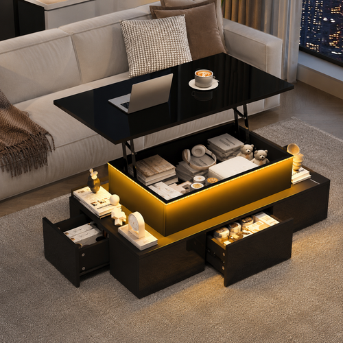 100x50x40cm Liftable Coffee Table With 4 Drawers, High-gloss Side Table With LED Lighting, Sofa Table, Coffee Table, Living Room Table With Hidden Storage, Black, MDF