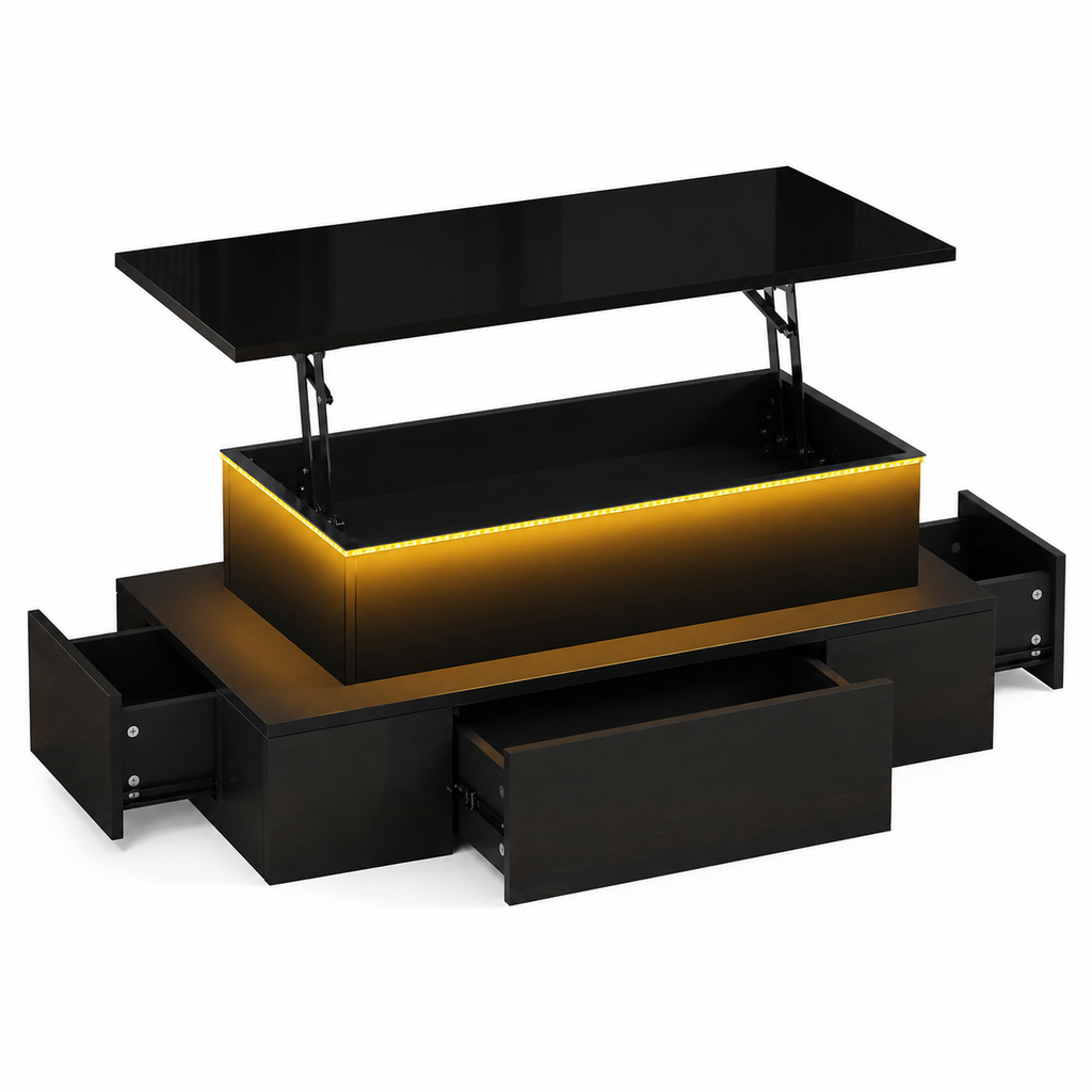 100x50x40cm Liftable Coffee Table With 4 Drawers, High-gloss Side Table With LED Lighting, Sofa Table, Coffee Table, Living Room Table With Hidden Storage, Black, MDF