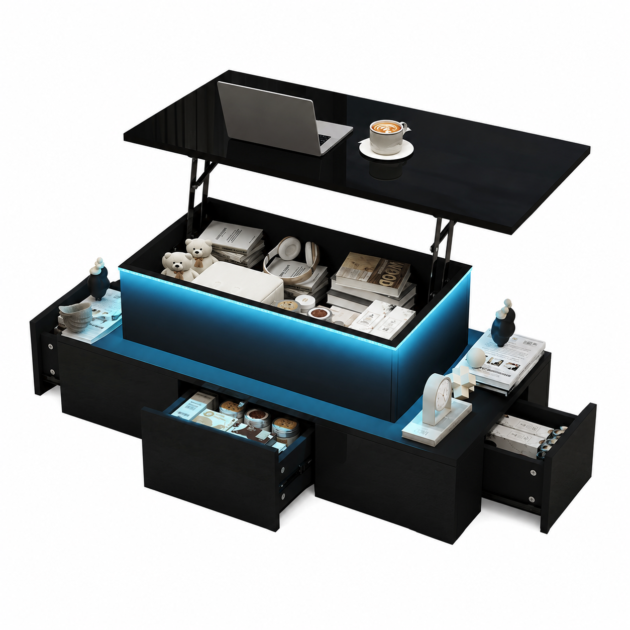 100x50x40cm Liftable Coffee Table With 4 Drawers, High-gloss Side Table With LED Lighting, Sofa Table, Coffee Table, Living Room Table With Hidden Storage, Black, MDF
