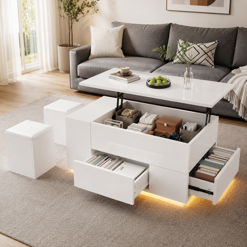 100x50x45cm Coffee Table 4-in-1 Height-Adjustable Sofa Table With LED, Coffee Table With 2 Drawers, High-Gloss Table With Sofa And 2 Stools, Side Table With Hidden Storage Space