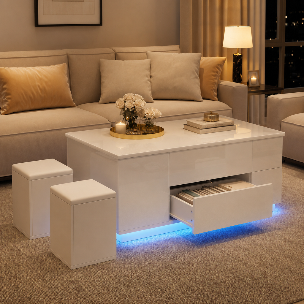 100x50x45cm Coffee Table 4-in-1 Height-Adjustable Sofa Table With LED, Coffee Table With 2 Drawers, High-Gloss Table With Sofa And 2 Stools, Side Table With Hidden Storage Space