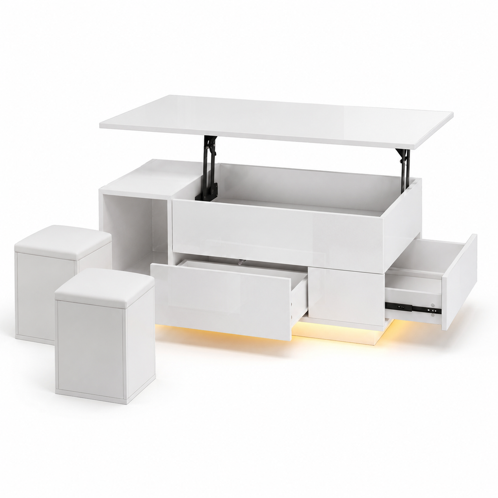 100x50x45cm Coffee Table 4-in-1 Height-Adjustable Sofa Table With LED, Coffee Table With 2 Drawers, High-Gloss Table With Sofa And 2 Stools, Side Table With Hidden Storage Space