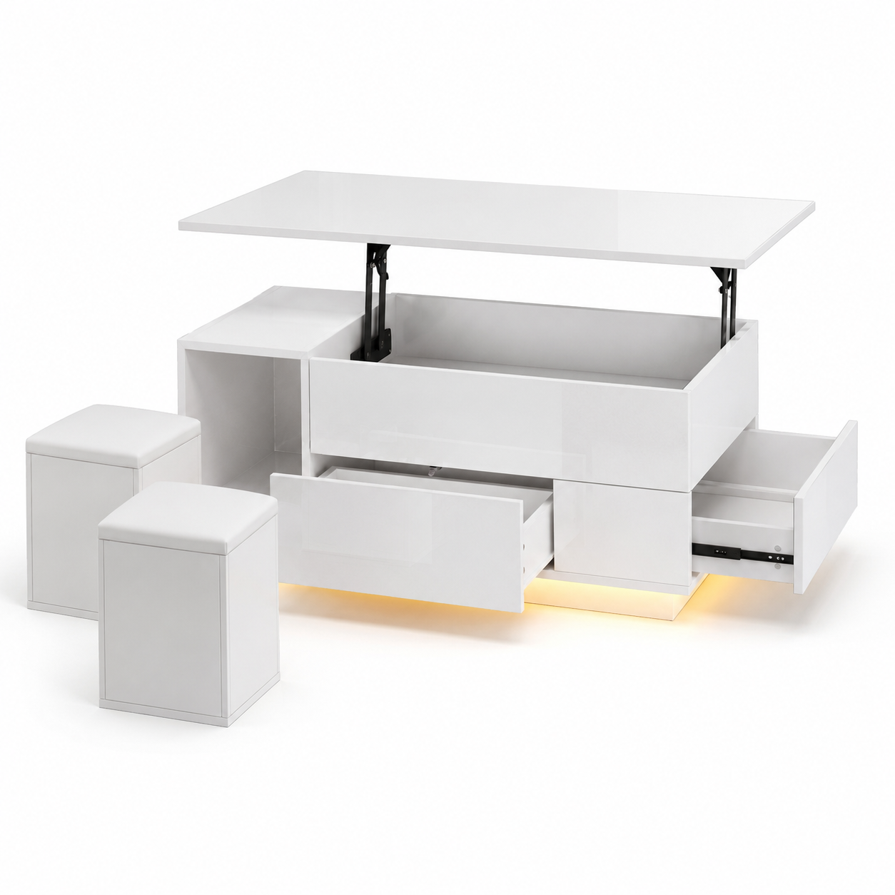 100x50x45cm Coffee Table 4-in-1 Height-Adjustable Sofa Table With LED, Coffee Table With 2 Drawers, High-Gloss Table With Sofa And 2 Stools, Side Table With Hidden Storage Space