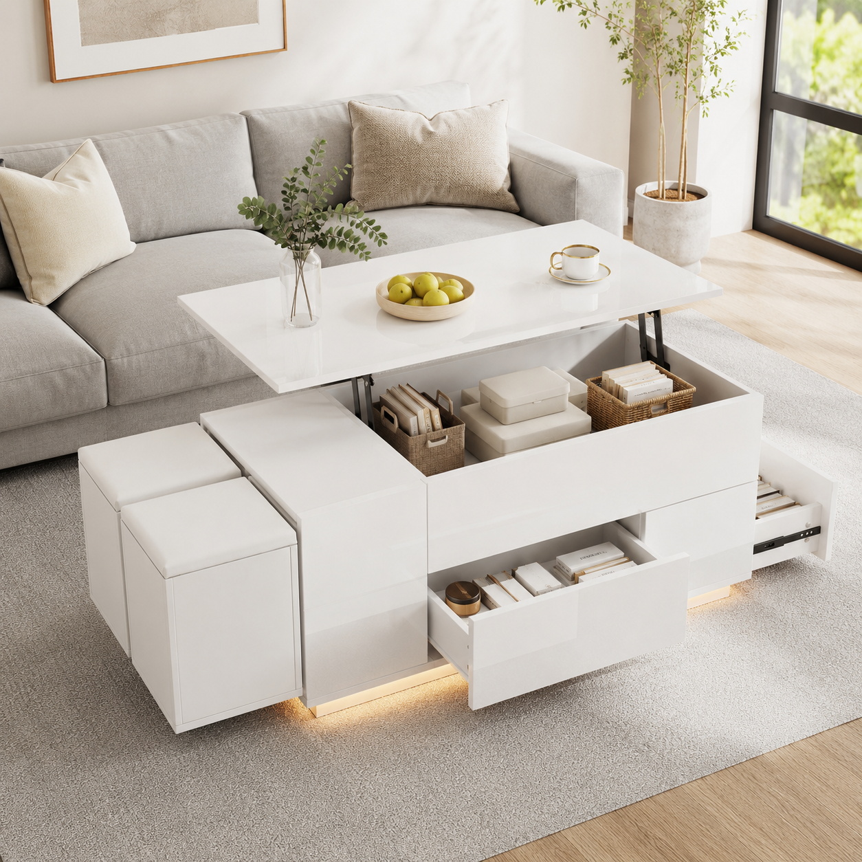 100x50x45cm Coffee Table 4-in-1 Height-Adjustable Sofa Table With LED, Coffee Table With 2 Drawers, High-Gloss Table With Sofa And 2 Stools, Side Table With Hidden Storage Space