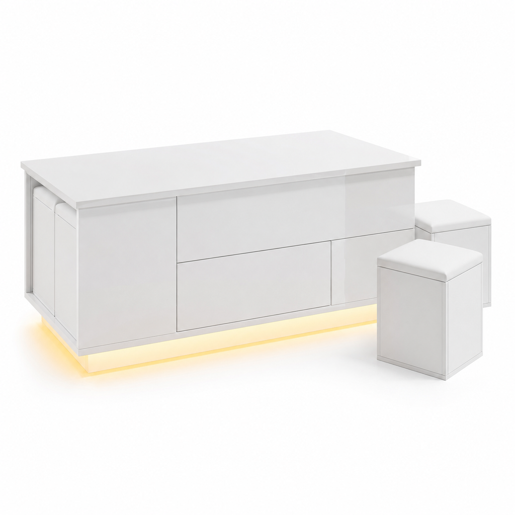 100x50x45cm Coffee Table 4-in-1 Height-Adjustable Sofa Table With LED, Coffee Table With 2 Drawers, High-Gloss Table With Sofa And 2 Stools, Side Table With Hidden Storage Space