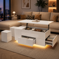 100x50x45cm Coffee Table 4-in-1 Height-Adjustable Sofa Table With LED, Coffee Table With 2 Drawers, High-Gloss Table With Sofa And 2 Stools, Side Table With Hidden Storage Space