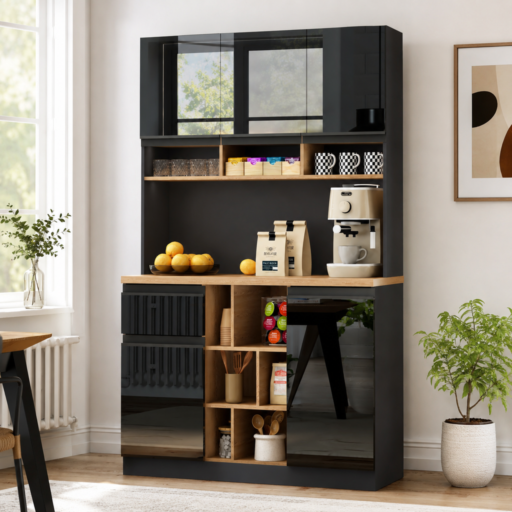 105x45x185 Cm,  Kitchen Cabinet, Buffet Sideboard, High-gloss Doors,  Adjustable Shelves, Drawers, Open Storage, Tip-over Protection, Suitable For Kitchen, Dining Room, And Living Room