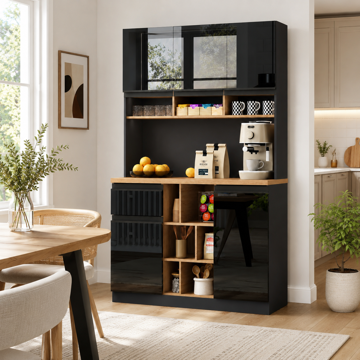 105x45x185 Cm,  Kitchen Cabinet, Buffet Sideboard, High-gloss Doors,  Adjustable Shelves, Drawers, Open Storage, Tip-over Protection, Suitable For Kitchen, Dining Room, And Living Room