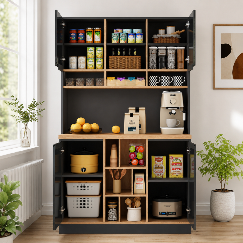 105x45x185 Cm,  Kitchen Cabinet, Buffet Sideboard, High-gloss Doors,  Adjustable Shelves, Drawers, Open Storage, Tip-over Protection, Suitable For Kitchen, Dining Room, And Living Room