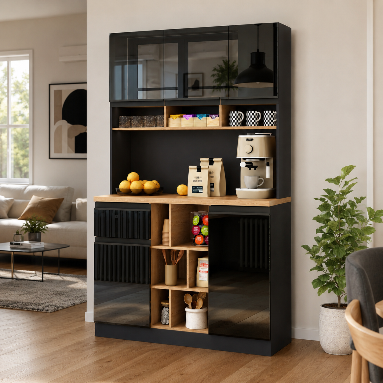 105x45x185 Cm,  Kitchen Cabinet, Buffet Sideboard, High-gloss Doors,  Adjustable Shelves, Drawers, Open Storage, Tip-over Protection, Suitable For Kitchen, Dining Room, And Living Room
