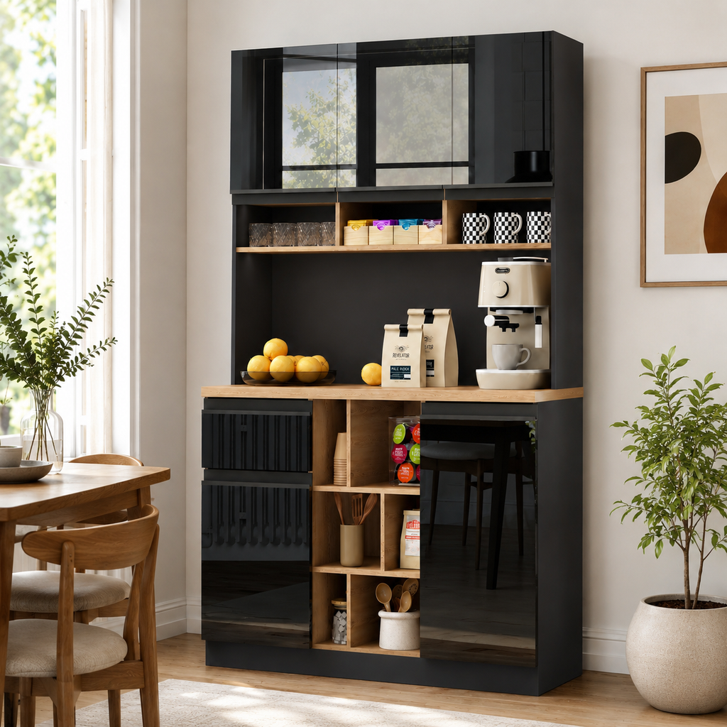 105x45x185 Cm,  Kitchen Cabinet, Buffet Sideboard, High-gloss Doors,  Adjustable Shelves, Drawers, Open Storage, Tip-over Protection, Suitable For Kitchen, Dining Room, And Living Room