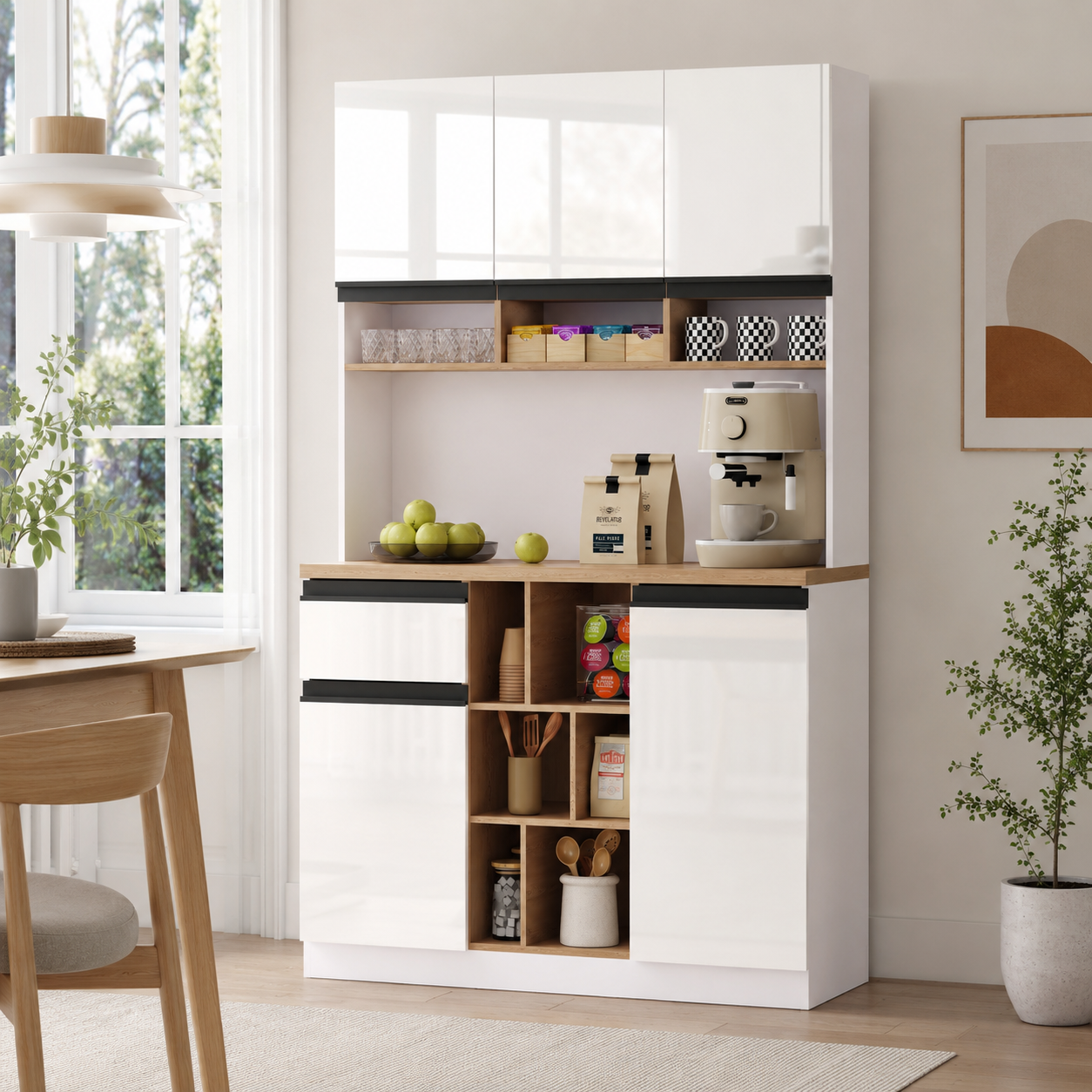 105x45x185 Cm,  Kitchen Cabinet, Buffet Sideboard, High-gloss Doors,  Adjustable Shelves, Drawers, Open Storage, Tip-over Protection, Suitable For Kitchen, Dining Room, And Living Room