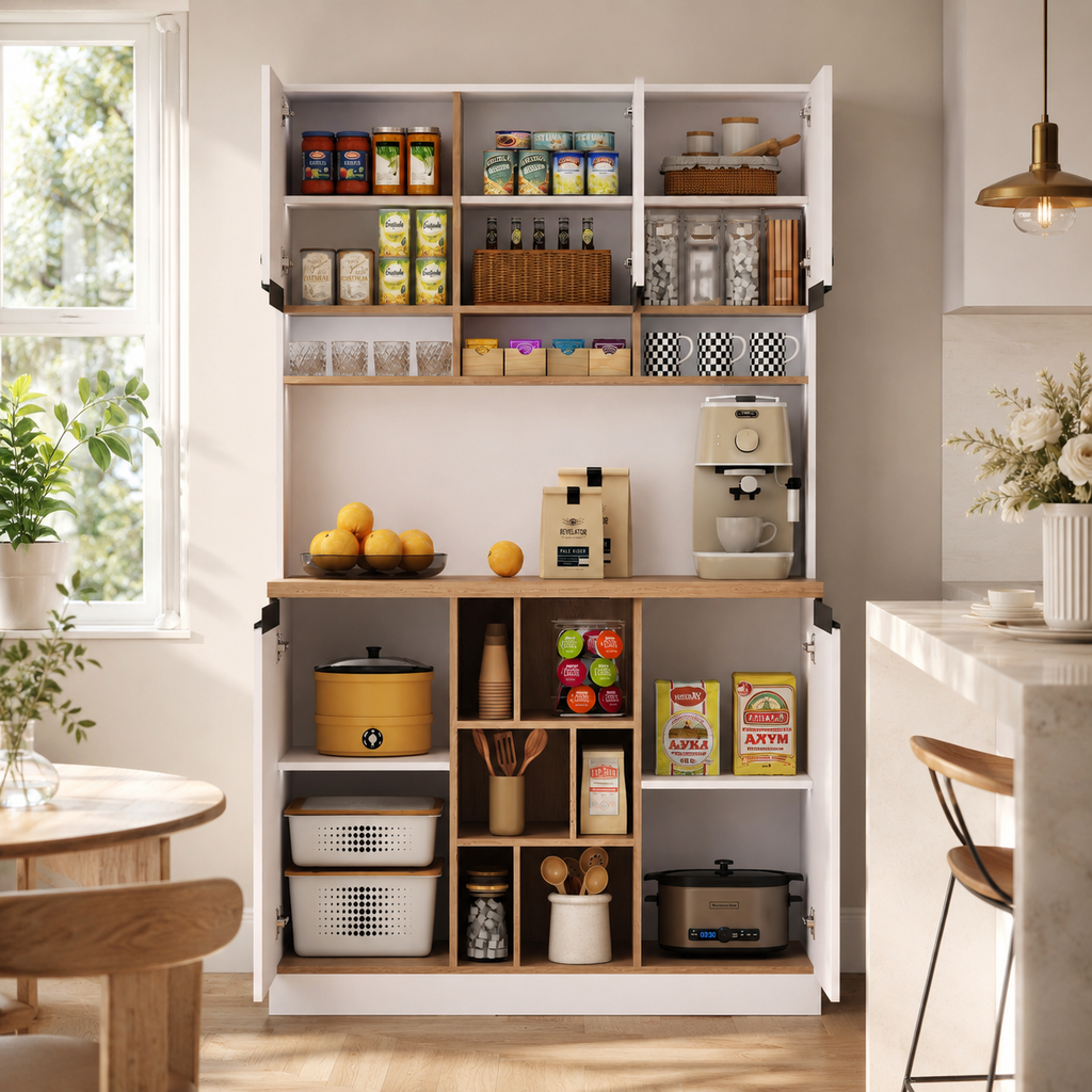 105x45x185 Cm,  Kitchen Cabinet, Buffet Sideboard, High-gloss Doors,  Adjustable Shelves, Drawers, Open Storage, Tip-over Protection, Suitable For Kitchen, Dining Room, And Living Room