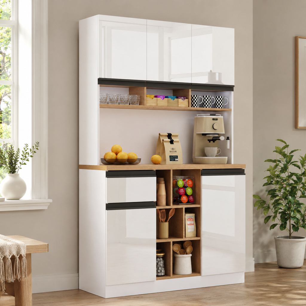 105x45x185 Cm,  Kitchen Cabinet, Buffet Sideboard, High-gloss Doors,  Adjustable Shelves, Drawers, Open Storage, Tip-over Protection, Suitable For Kitchen, Dining Room, And Living Room