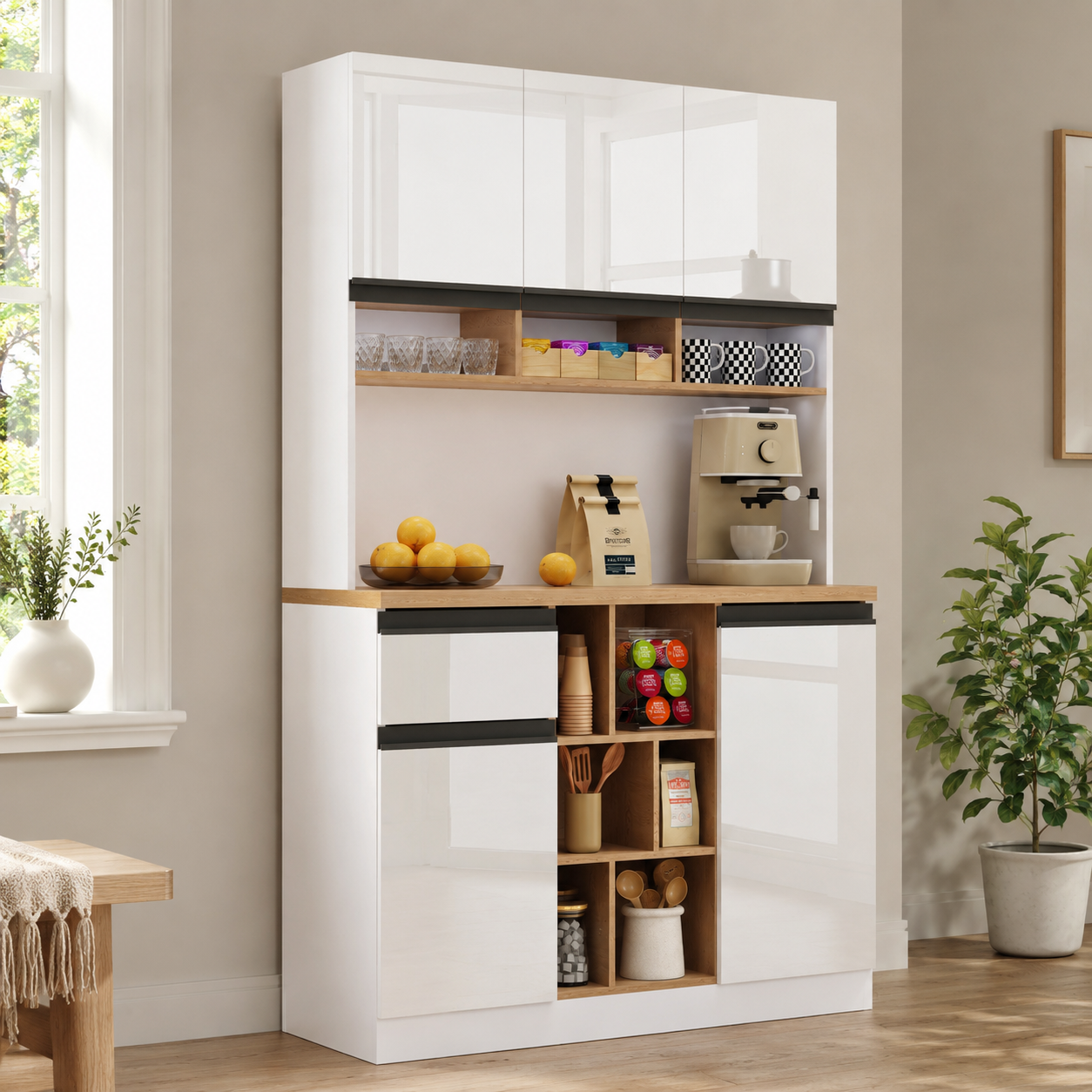 105x45x185 Cm,  Kitchen Cabinet, Buffet Sideboard, High-gloss Doors,  Adjustable Shelves, Drawers, Open Storage, Tip-over Protection, Suitable For Kitchen, Dining Room, And Living Room