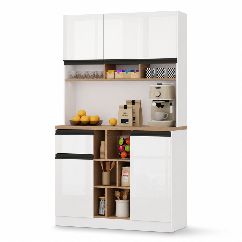 105x45x185 Cm,  Kitchen Cabinet, Buffet Sideboard, High-gloss Doors,  Adjustable Shelves, Drawers, Open Storage, Tip-over Protection, Suitable For Kitchen, Dining Room, And Living Room