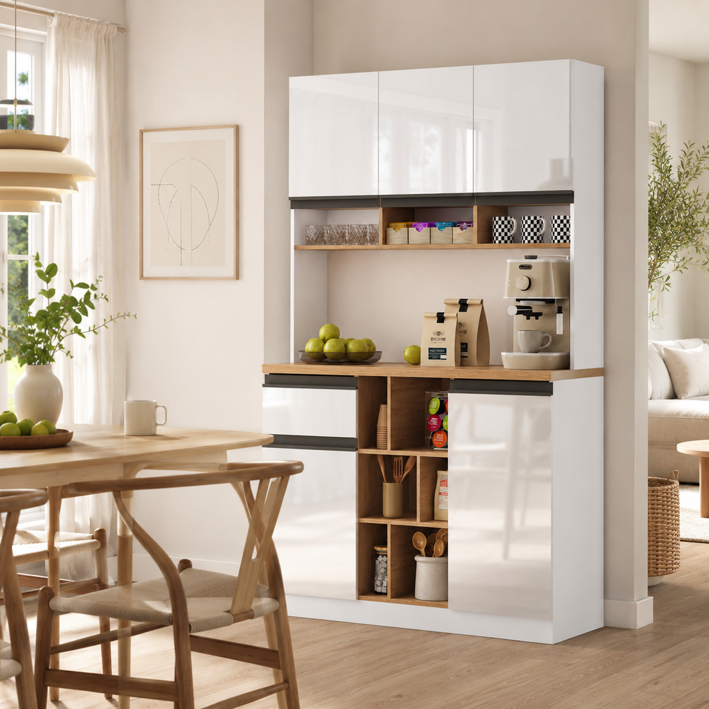 105x45x185 Cm,  Kitchen Cabinet, Buffet Sideboard, High-gloss Doors,  Adjustable Shelves, Drawers, Open Storage, Tip-over Protection, Suitable For Kitchen, Dining Room, And Living Room