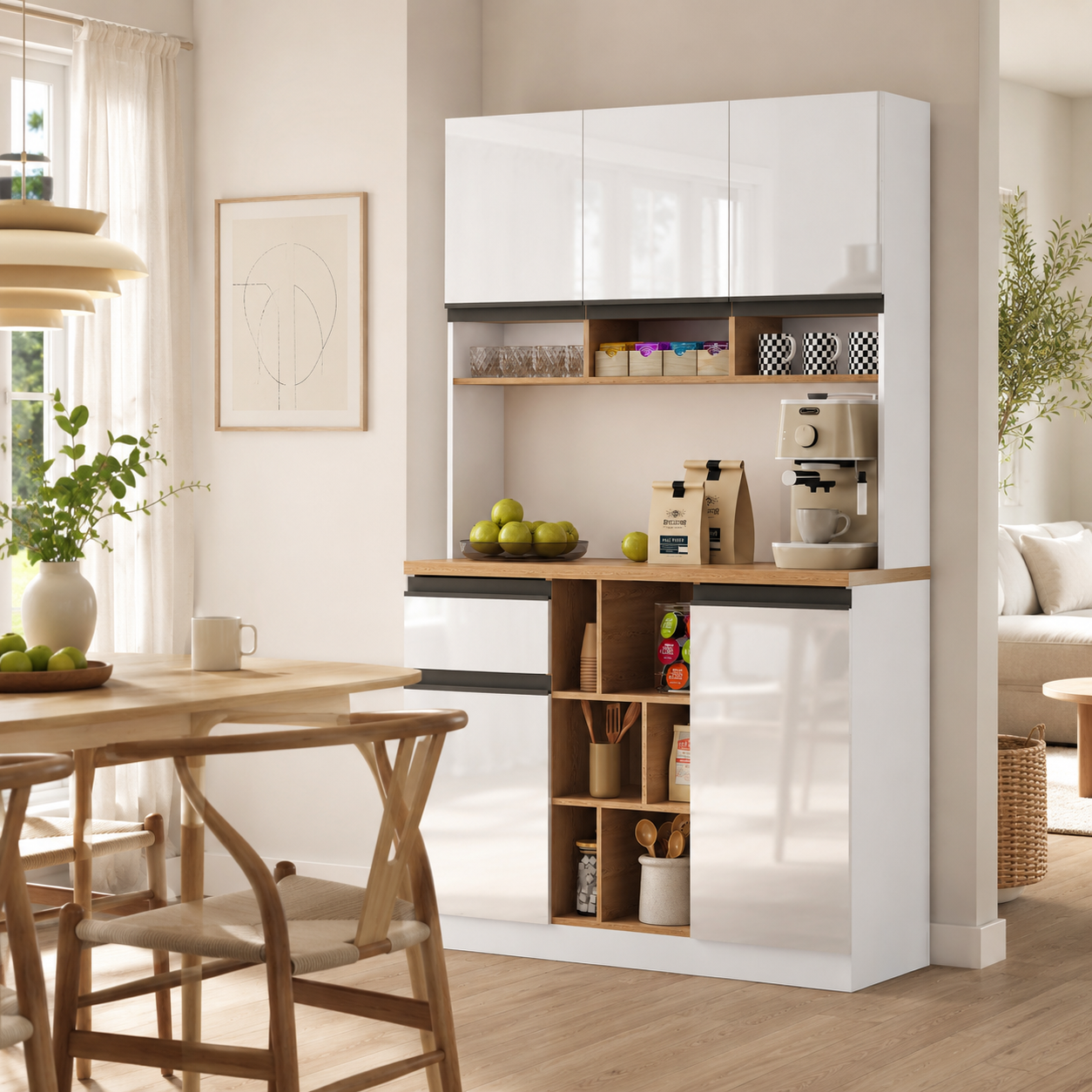 105x45x185 Cm,  Kitchen Cabinet, Buffet Sideboard, High-gloss Doors,  Adjustable Shelves, Drawers, Open Storage, Tip-over Protection, Suitable For Kitchen, Dining Room, And Living Room