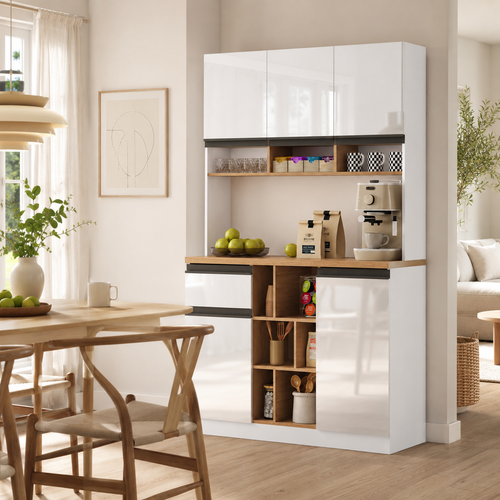105x45x185 Cm,  Kitchen Cabinet, Buffet Sideboard, High-gloss Doors,  Adjustable Shelves, Drawers, Open Storage, Tip-over Protection, Suitable For Kitchen, Dining Room, And Living Room