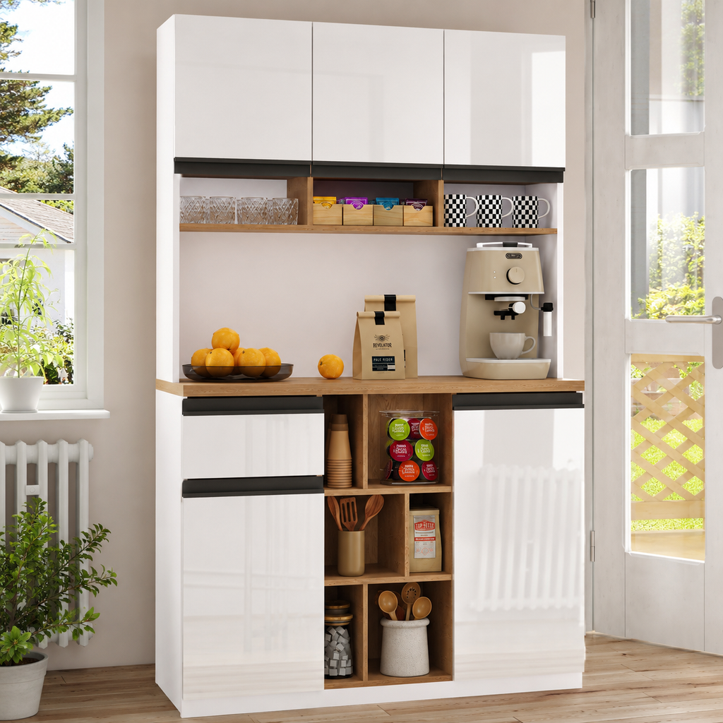 105x45x185 Cm,  Kitchen Cabinet, Buffet Sideboard, High-gloss Doors,  Adjustable Shelves, Drawers, Open Storage, Tip-over Protection, Suitable For Kitchen, Dining Room, And Living Room