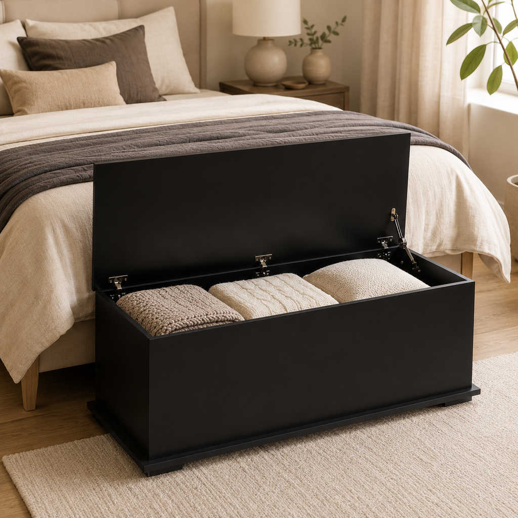 113L Storage Chest, Storage Box With Flip-Top Lid And 2 Safety Hinges, Storage Trunk For Living Room, Entryway, 100 X 40 X 40 Cm, Black