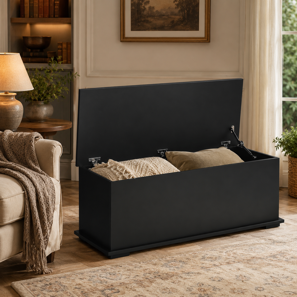 113L Storage Chest, Storage Box With Flip-Top Lid And 2 Safety Hinges, Storage Trunk For Living Room, Entryway, 100 X 40 X 40 Cm, Black