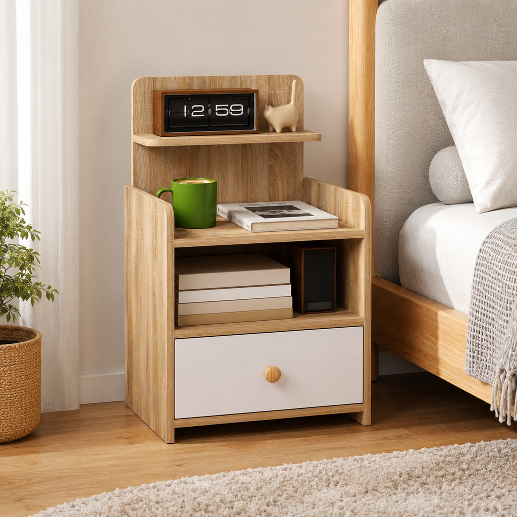Multi-Storage Bedside Table - White/Wood-Effect