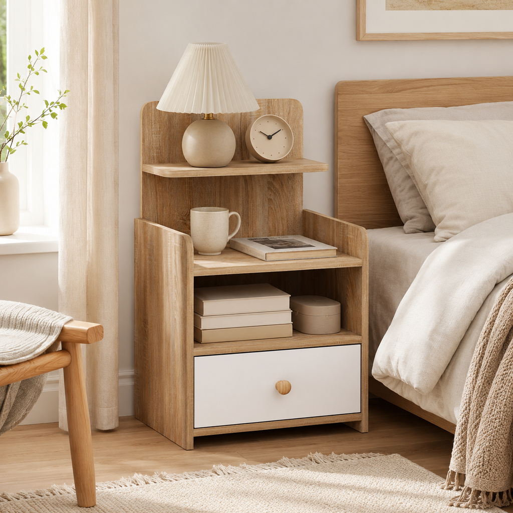 Multi-Storage Bedside Table - White/Wood-Effect