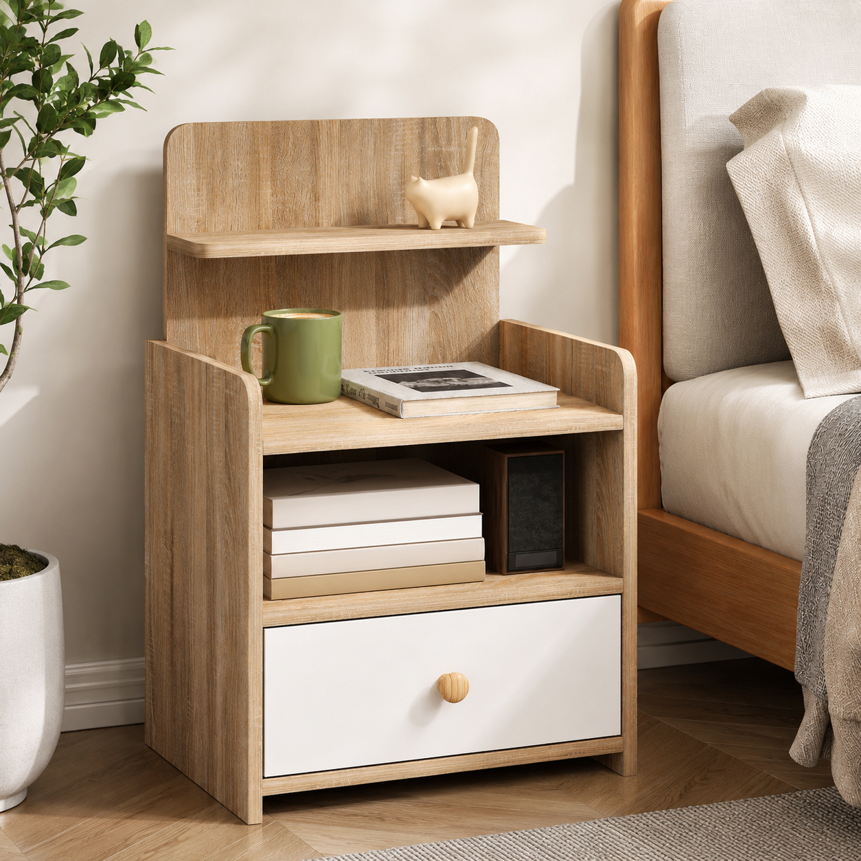 Multi-Storage Bedside Table - White/Wood-Effect