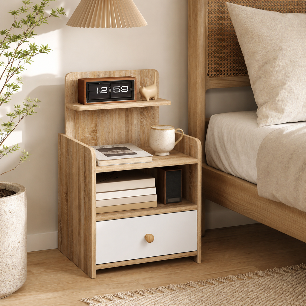 Multi-Storage Bedside Table - White/Wood-Effect