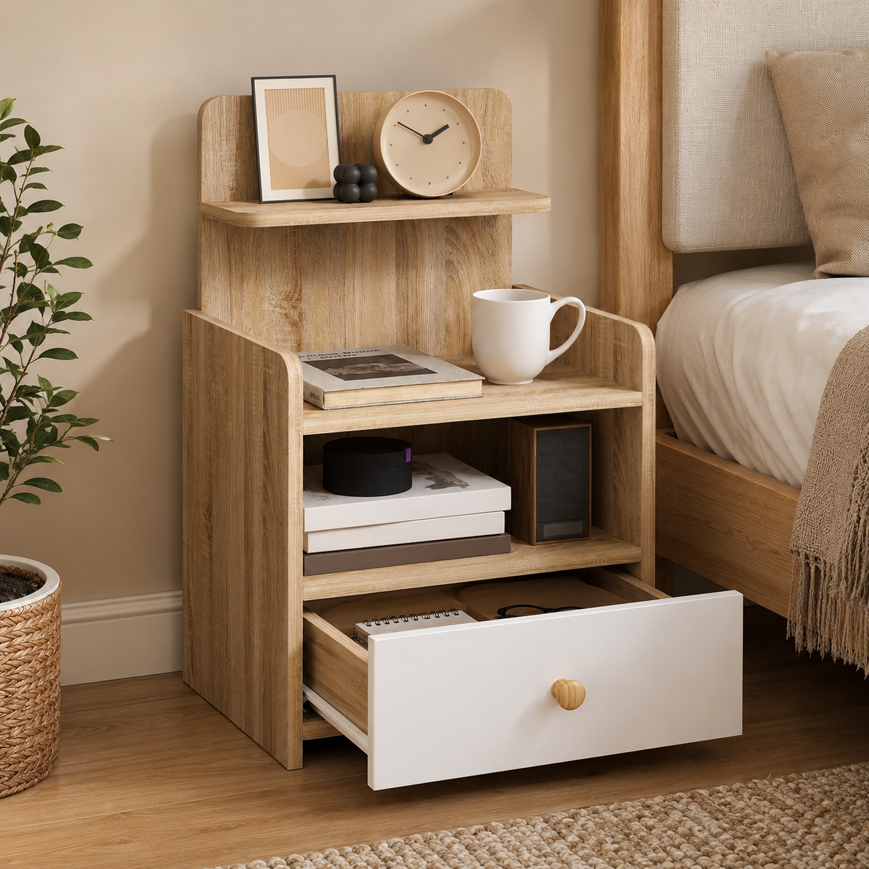 Multi-Storage Bedside Table - White/Wood-Effect