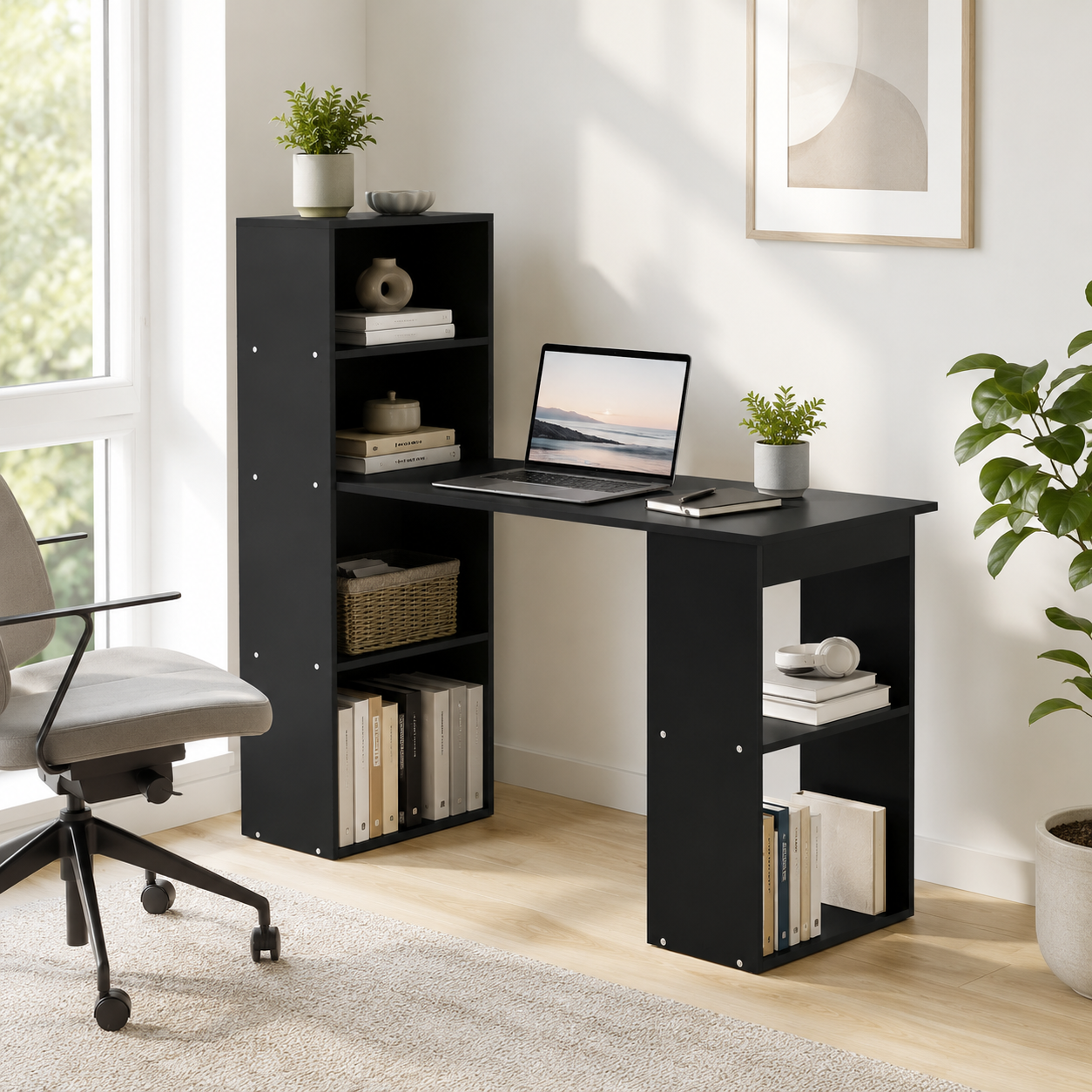 Computer Desk – 120cm with 6-Tier Bookshelf Storage, Black, 120×55×120cm