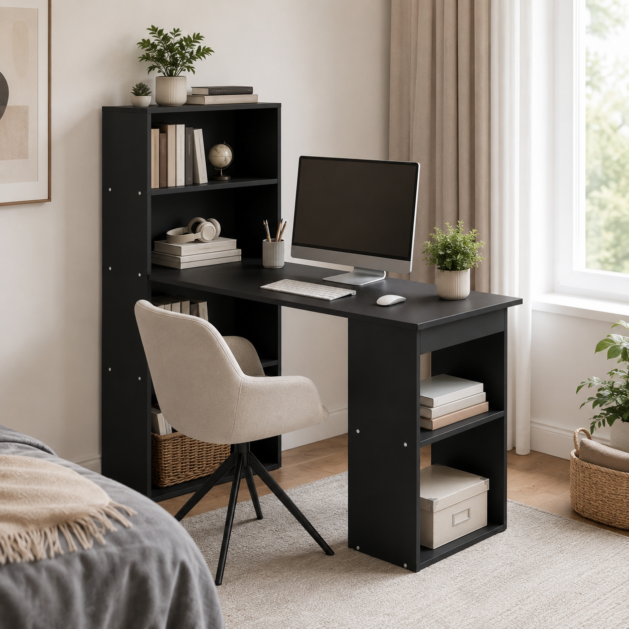 Computer Desk – 120cm with 6-Tier Bookshelf Storage, Black, 120×55×120cm