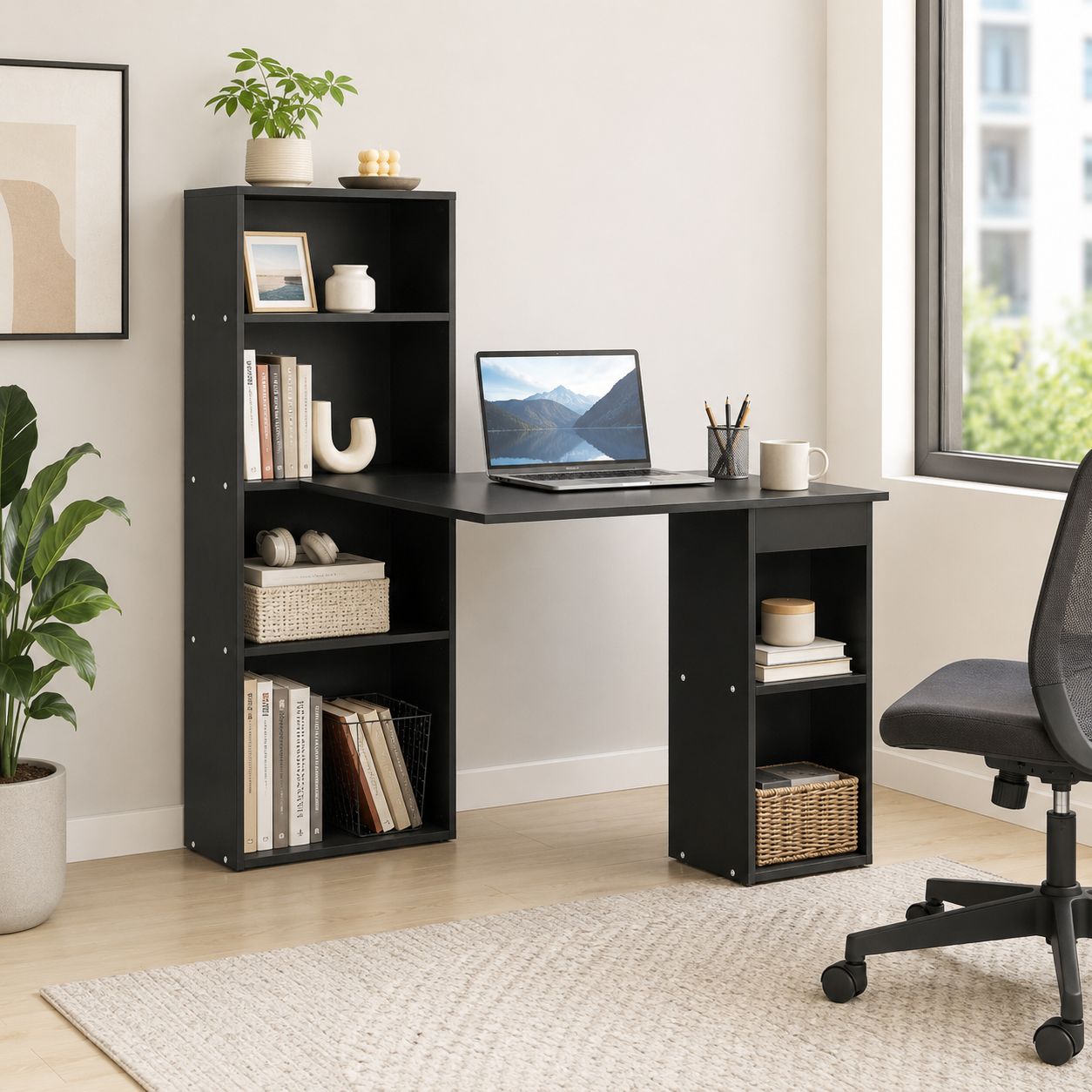 Computer Desk – 120cm with 6-Tier Bookshelf Storage, Black, 120×55×120cm