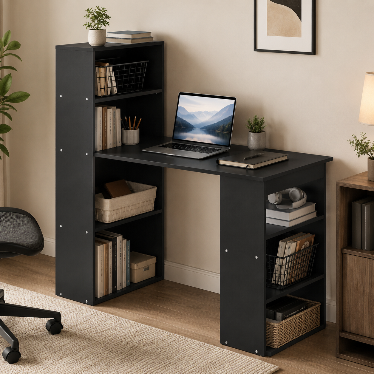 Computer Desk – 120cm with 6-Tier Bookshelf Storage, Black, 120×55×120cm