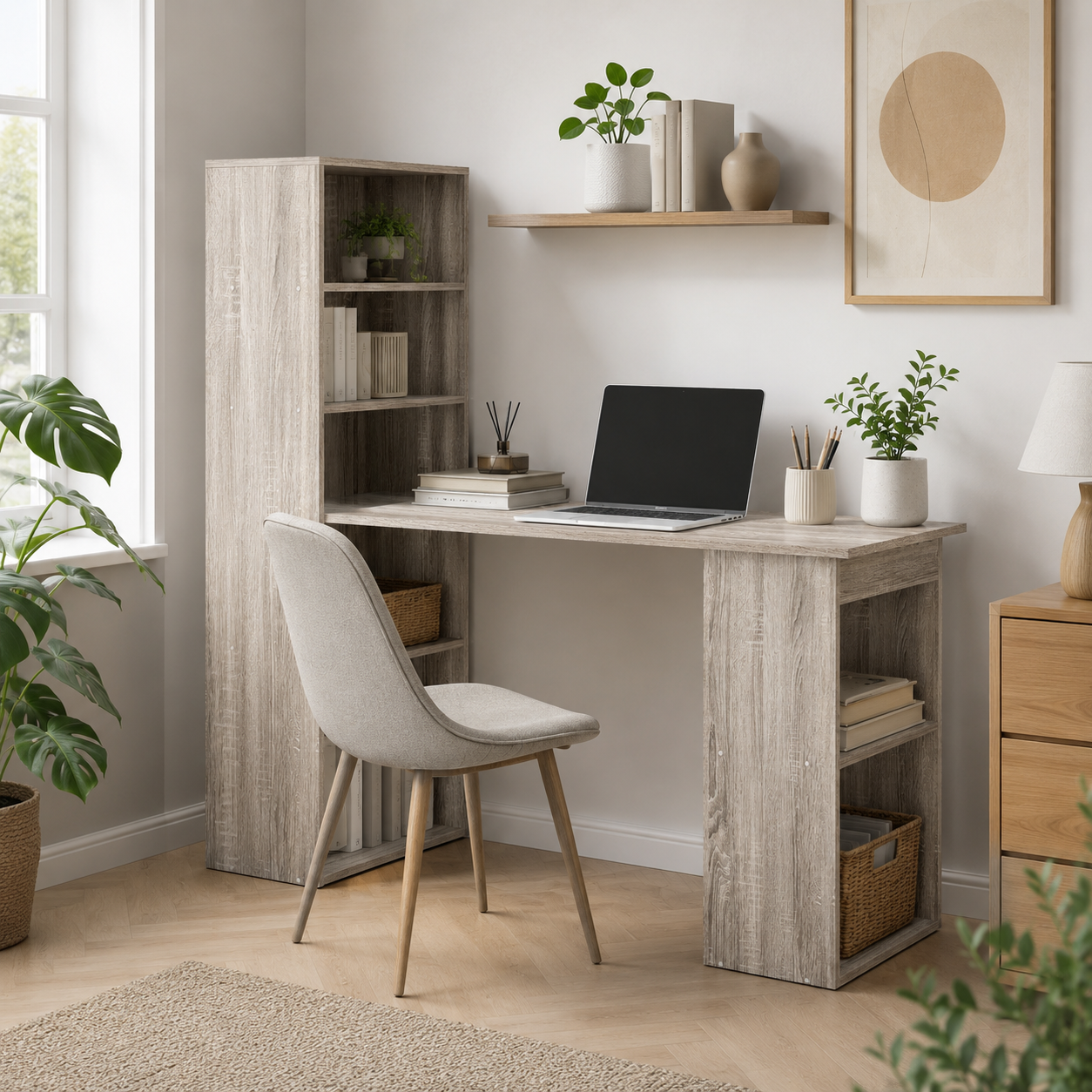 Computer Desk – 120cm with 6-Tier Bookshelf Storage, Grey, 120×55×120cm