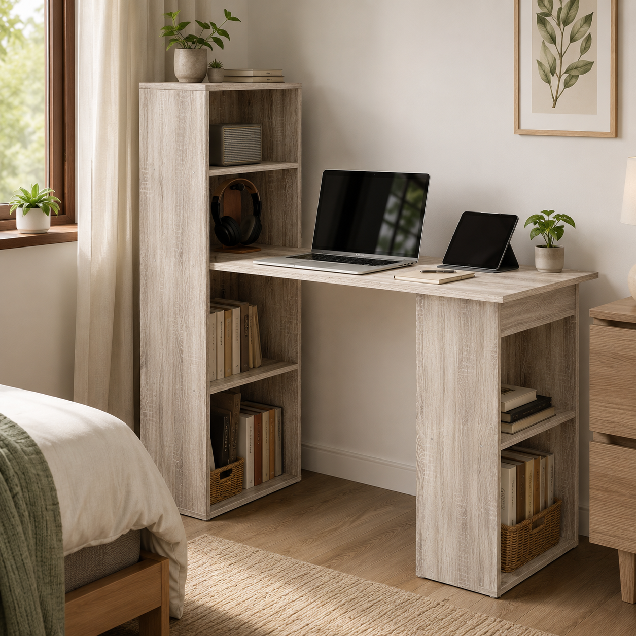 Computer Desk – 120cm with 6-Tier Bookshelf Storage, Grey, 120×55×120cm