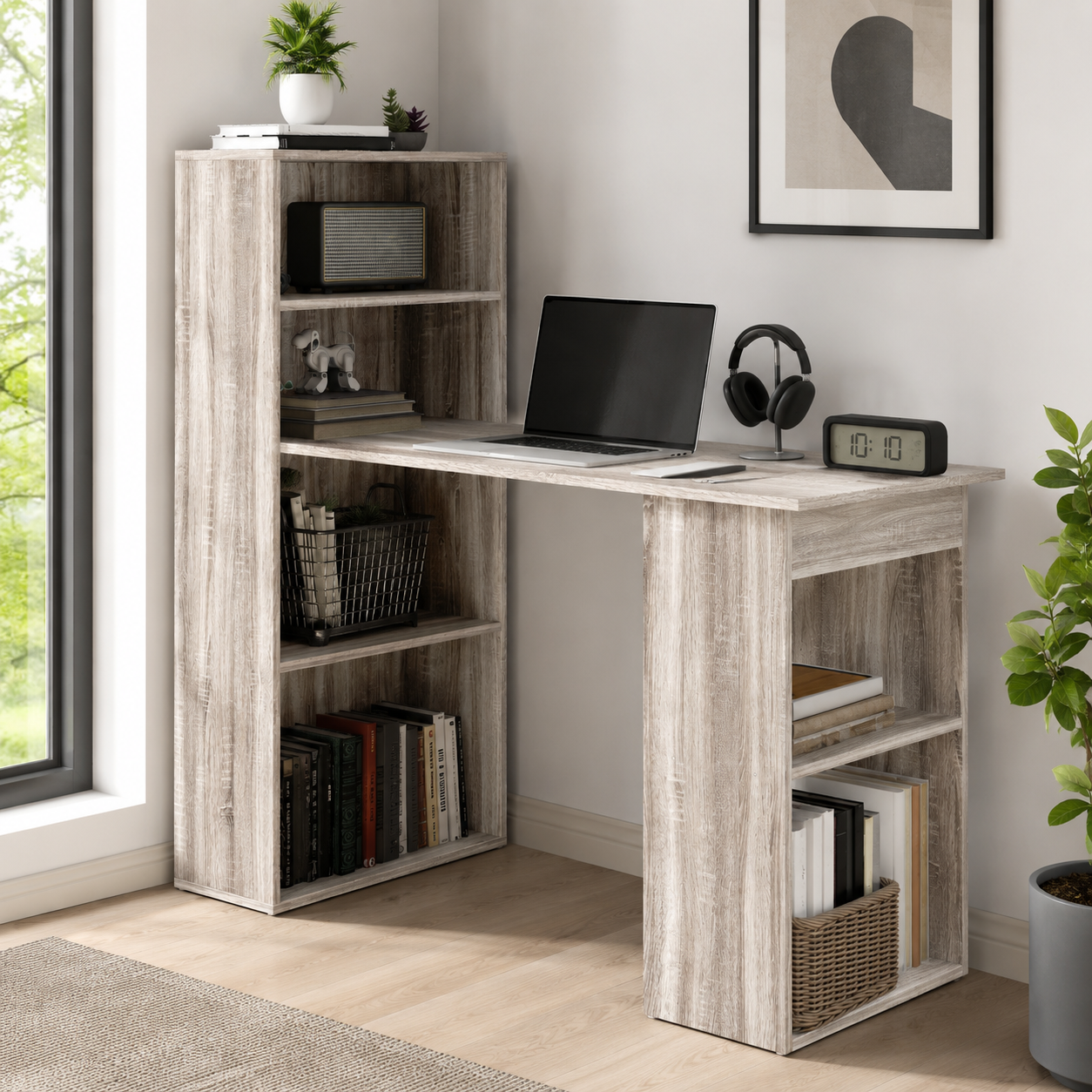 Computer Desk – 120cm with 6-Tier Bookshelf Storage, Grey, 120×55×120cm