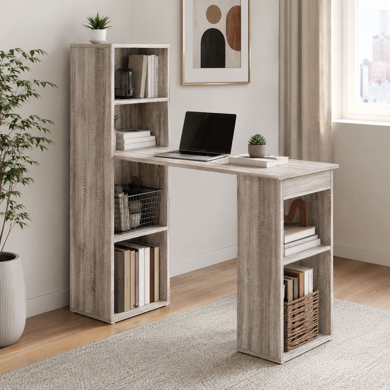 Computer Desk – 120cm with 6-Tier Bookshelf Storage, Grey, 120×55×120cm