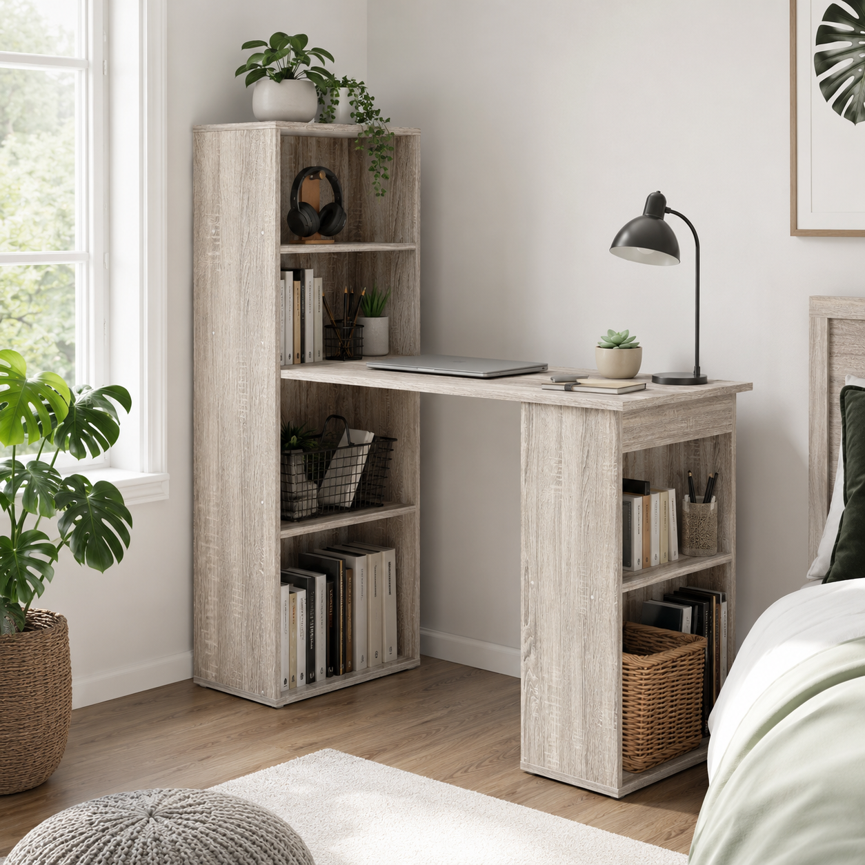 Computer Desk – 120cm with 6-Tier Bookshelf Storage, Grey, 120×55×120cm