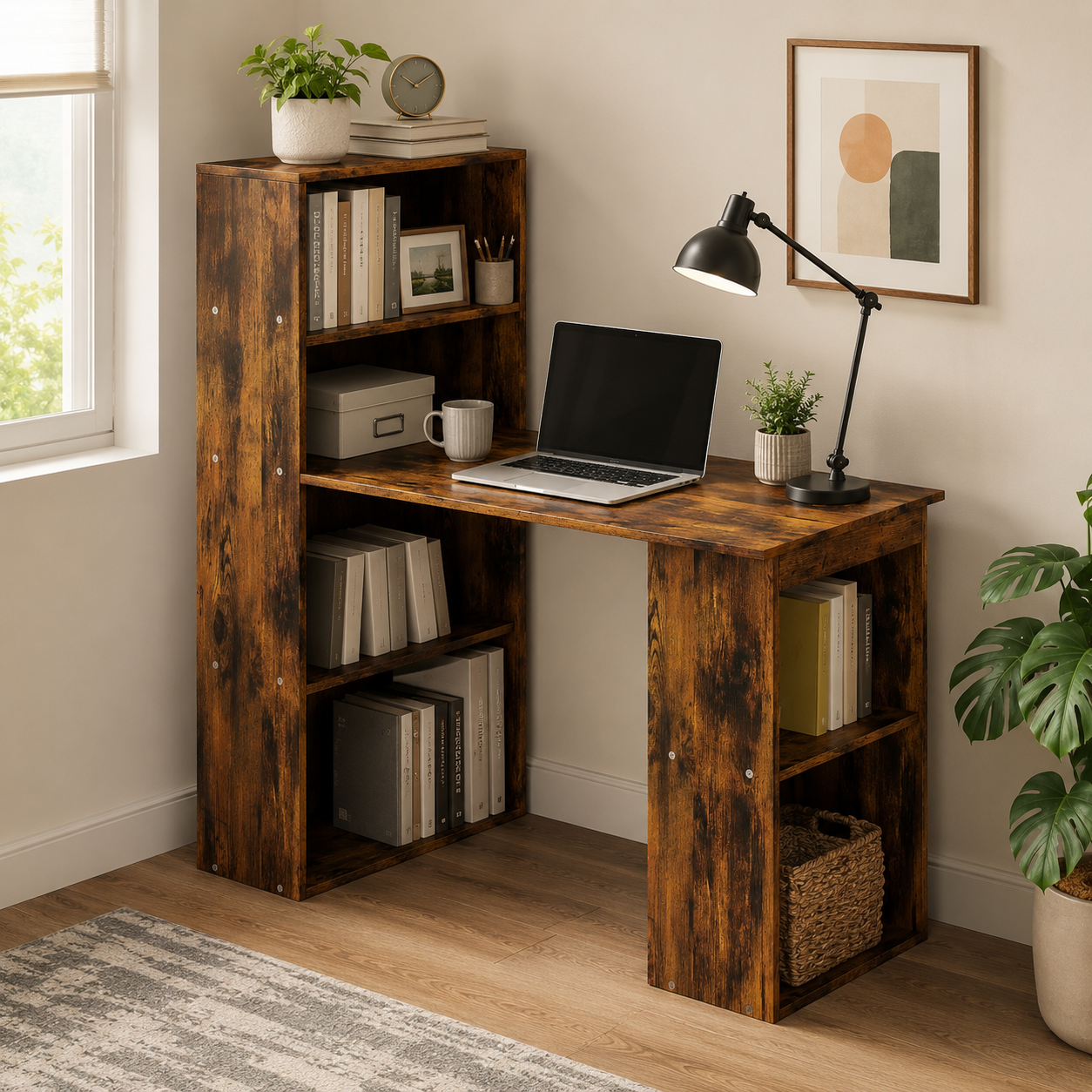 Computer Desk – 120cm with 6-Tier Bookshelf Storage, Rustic Brown, 120×55×120cm