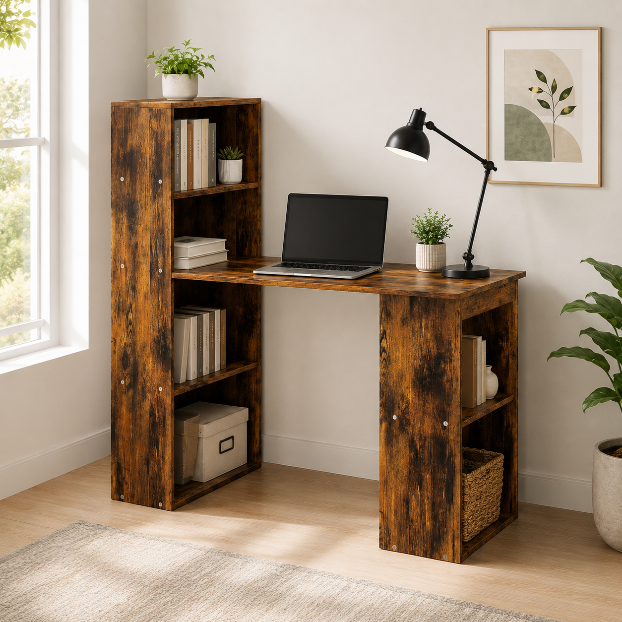 Computer Desk – 120cm with 6-Tier Bookshelf Storage, Rustic Brown, 120×55×120cm