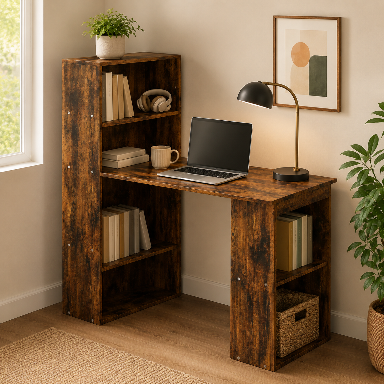 Computer Desk – 120cm with 6-Tier Bookshelf Storage, Rustic Brown, 120×55×120cm