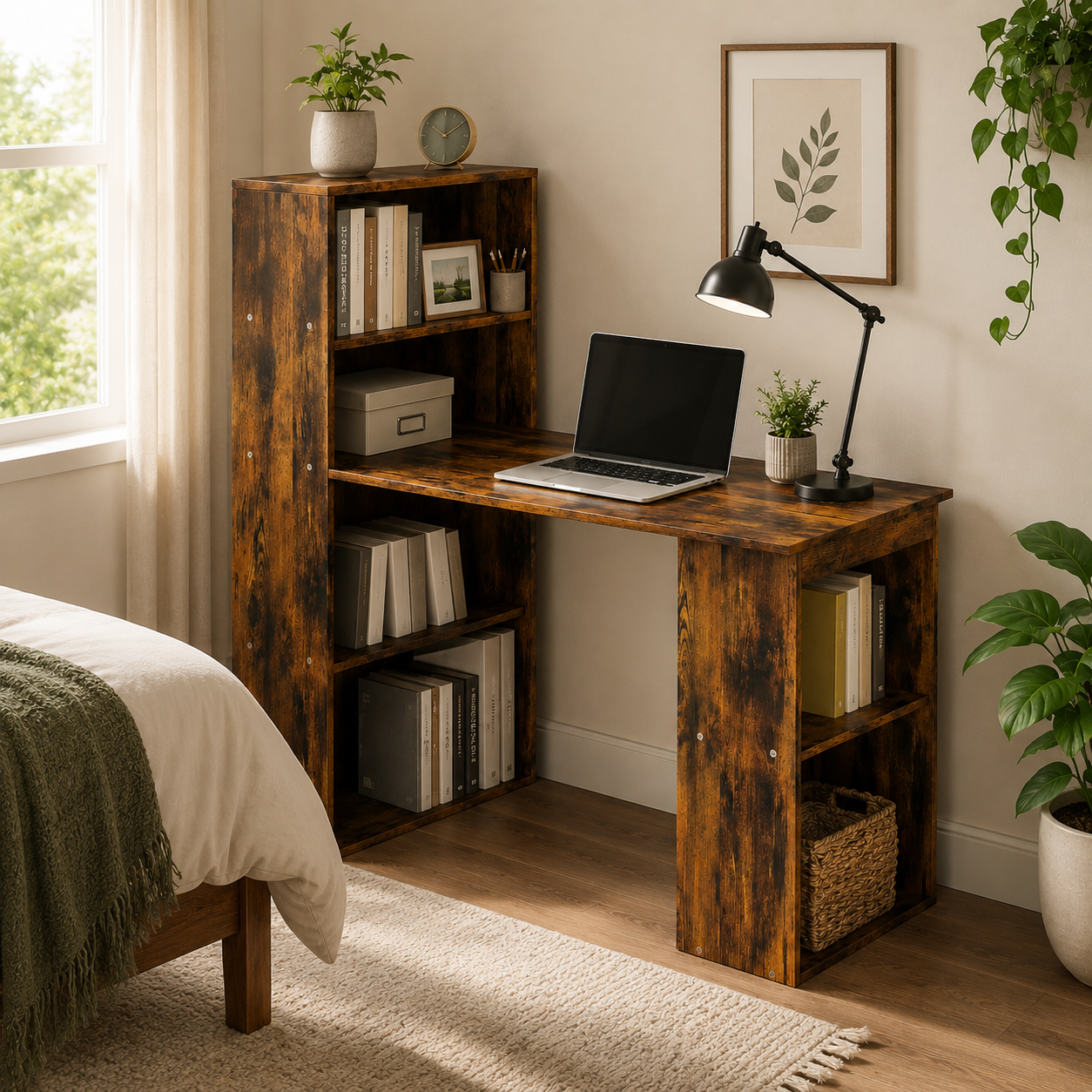Computer Desk – 120cm with 6-Tier Bookshelf Storage, Rustic Brown, 120×55×120cm