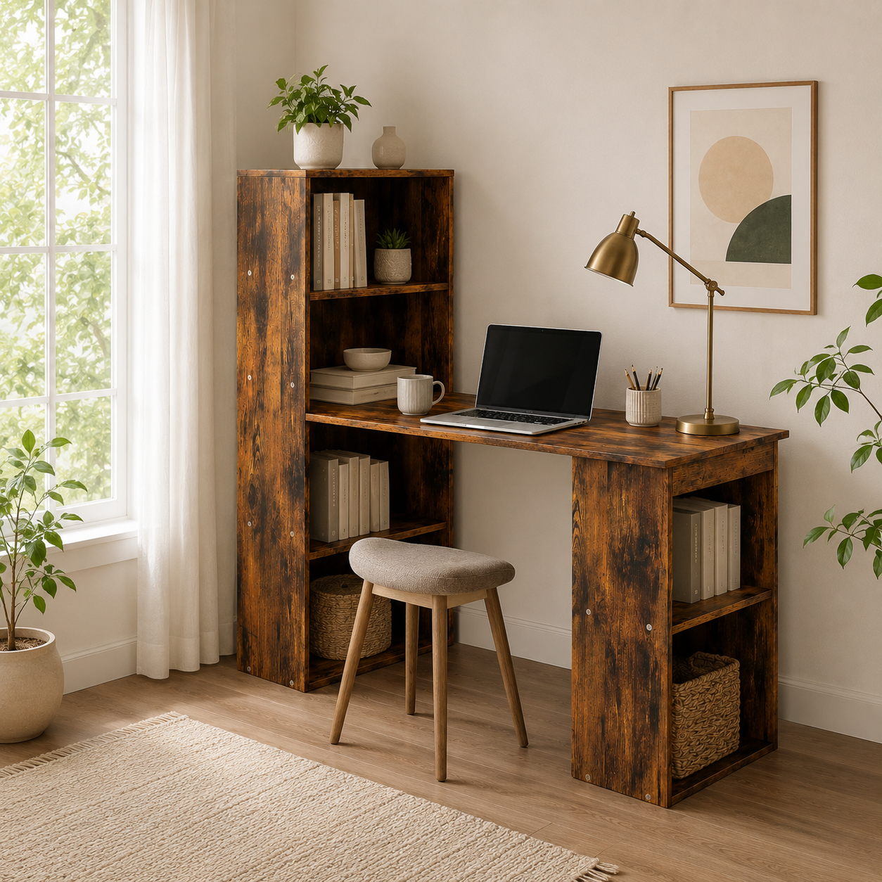 Computer Desk – 120cm with 6-Tier Bookshelf Storage, Rustic Brown, 120×55×120cm