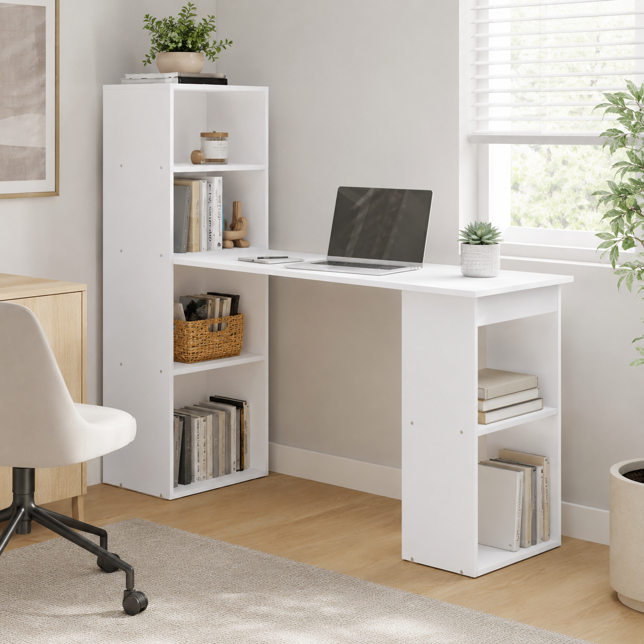 Computer Desk – 120cm with 6-Tier Bookshelf Storage, White, 120×55×120cm