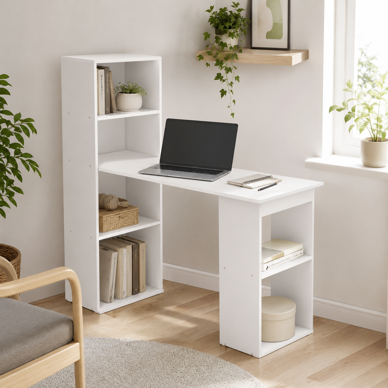 Computer Desk – 120cm with 6-Tier Bookshelf Storage, White, 120×55×120cm